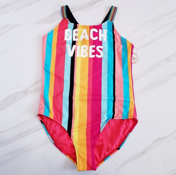 Wonder Nation Kids One Piece Bathing-Suit Striped Multicolored Rainbow Swimsuit - Picture 1 of 9